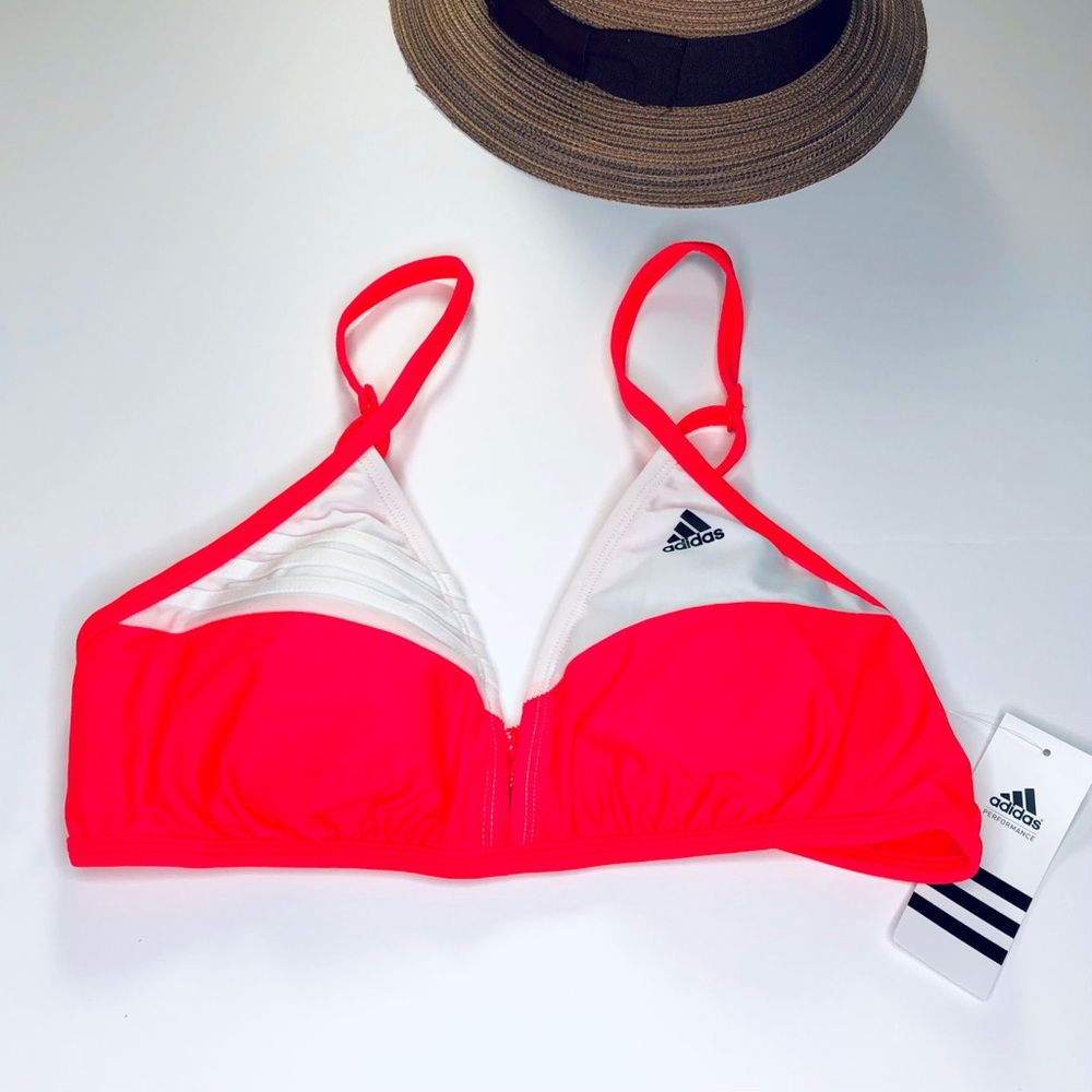 Adidas Coral Red 3 Stripe Performance Bikini Top